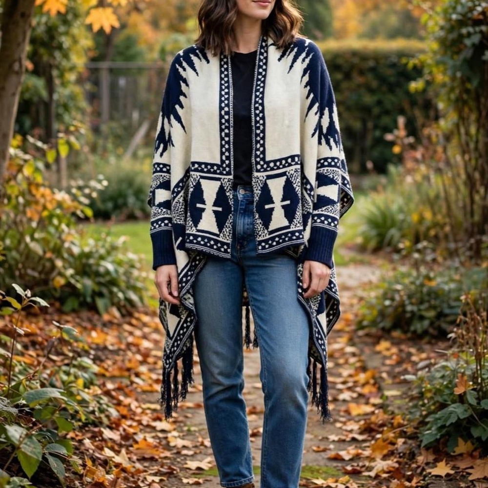 Navy Cream Aztec Shawl Poncho Cardigan - Fringe Tassel Tribal Southwestern - S/M